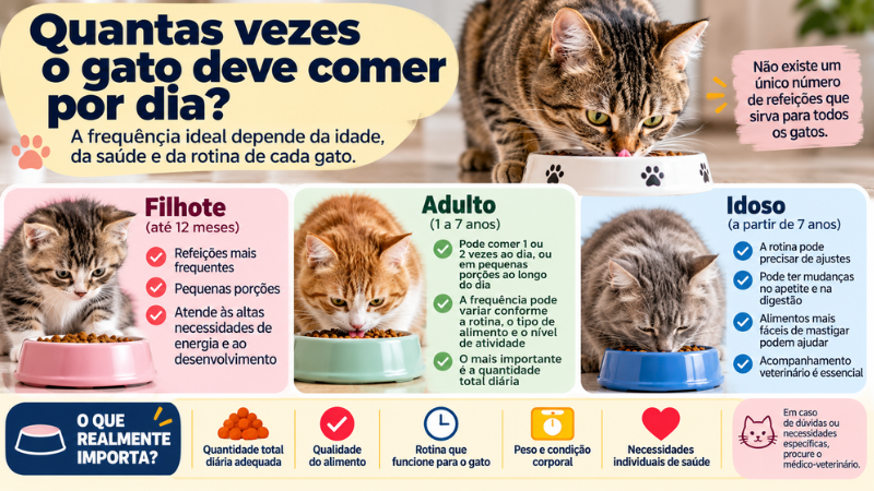 Infográfico sobre quantas vezes o gato deve comer por dia, com orientações para filhotes, adultos e gatos idosos