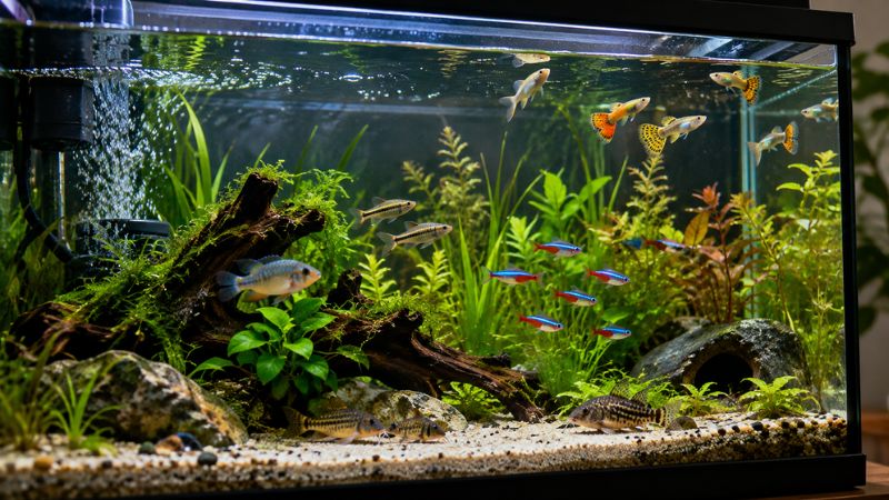 Vários peixes ornamentais em um aquário de água doce