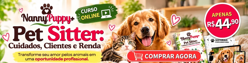 Banner da Nanny Puppy com cachorro e gato, divulgando o curso online Pet Sitter: Cuidados, Clientes e Renda, por R$ 44,90.