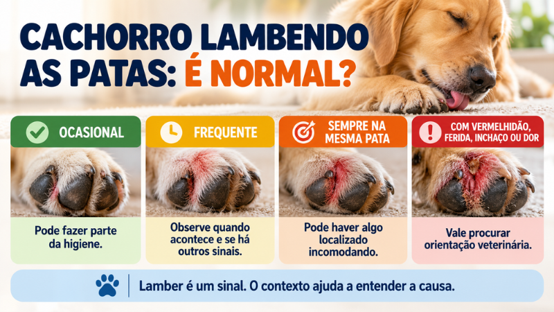 Infográfico sobre cachorro lambendo as patas e os sinais que merecem atenção