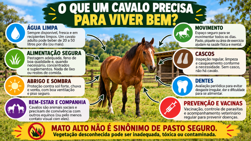 Infográfico sobre os cuidados essenciais para um cavalo viver bem