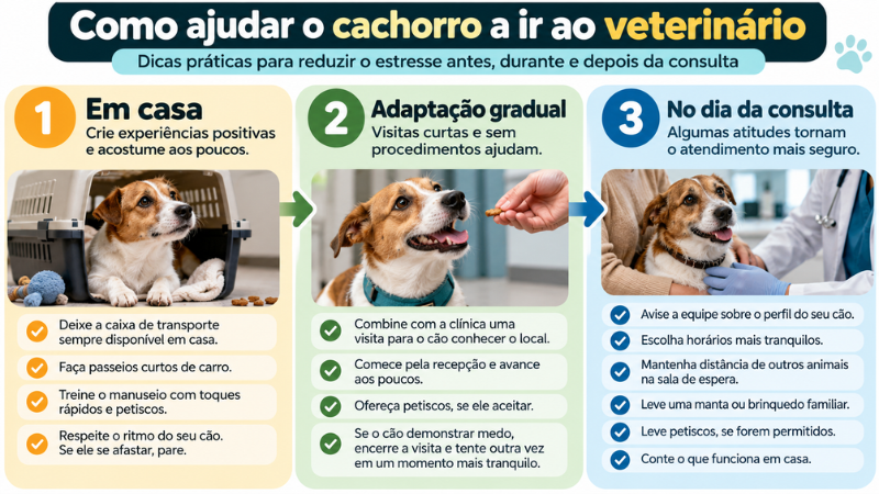 Infográfico com três etapas para ajudar o cachorro com medo do veterinário: preparação em casa, adaptação gradual à clínica e cuidados no dia da consulta.