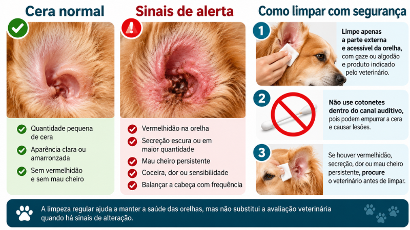 Infográfico sobre cera normal, sinais de alerta e limpeza segura das orelhas dos cães.