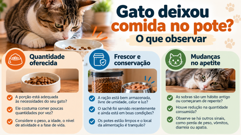 Infográfico sobre sobras de comida no pote do gato, com orientações sobre quantidade oferecida, conservação do alimento e mudanças no apetite.