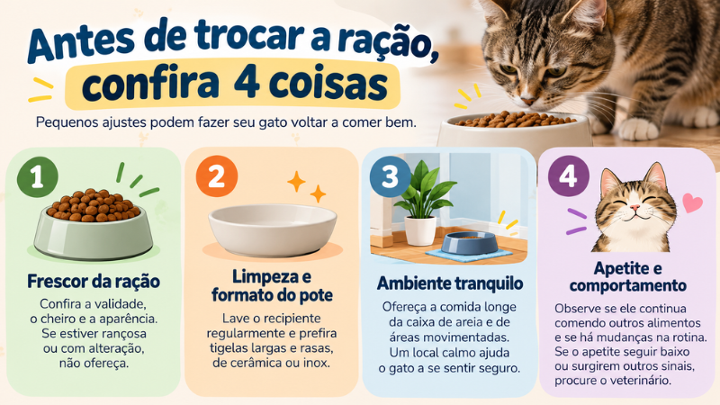 Infográfico com quatro cuidados antes de trocar a ração do gato: frescor do alimento, limpeza do pote, ambiente tranquilo e observação do apetite.