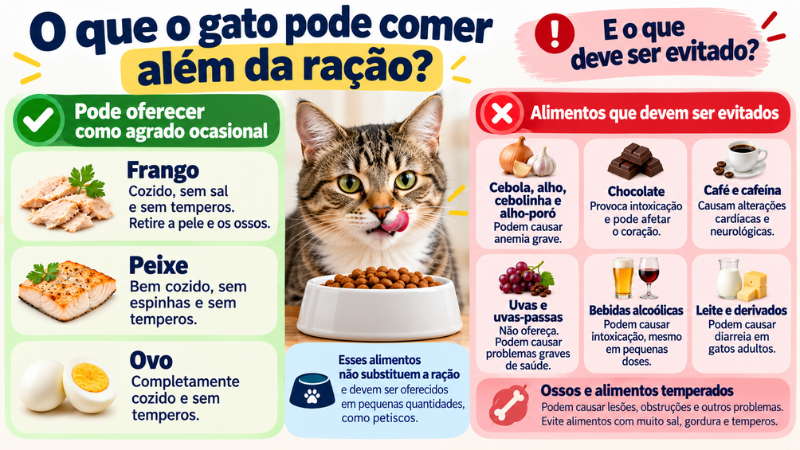 Infográfico sobre alimentos que o gato pode comer ocasionalmente, como frango, peixe e ovo cozidos, e alimentos que devem ser evitados, como cebola, alho e chocolate.